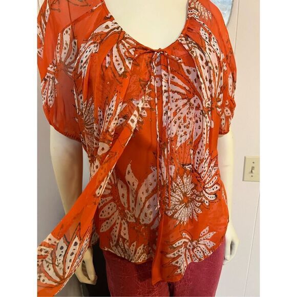 Diane von Fursenburg Flowy Floral Orange 100% Silk Butterfly Scoop Neck Lightwei - Picture 2 of 7
